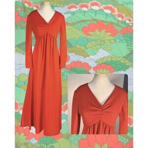 Vintage 70s Prairie Hippy Coral Red Empir Circle Maxi Skirt Cocktail Dress L